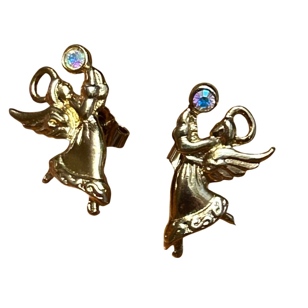 Gold Tone Angel Stud Earrings with Aurora Borealis Crystal Accents Cherub Post